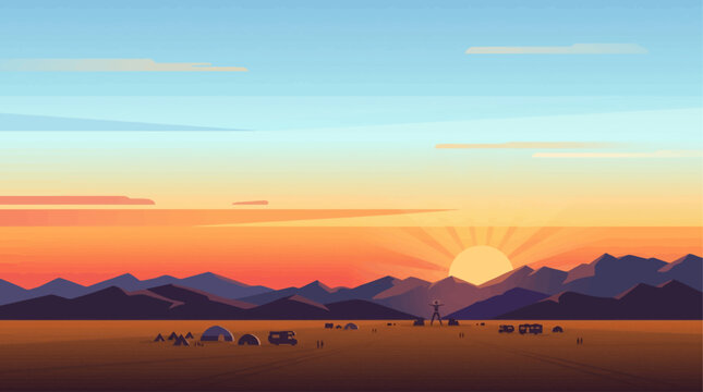A serene flat design illustration capturing a beautiful sunrise over the Black Rock Desert, with the subtle silhouettes of the temporary city. This clean 2D vector graphic evokes the peaceful