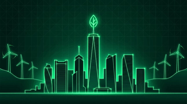 A futuristic cityscape at night with wind turbines and a neon green leaf on top of a skyscraper
