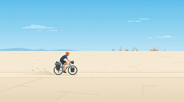This flat design illustration depicts a lone stylized cyclist exploring the expansive playa, with subtle dust trails and distant art. It's a clean 2D vector graphic symbolizing freedom and individual 