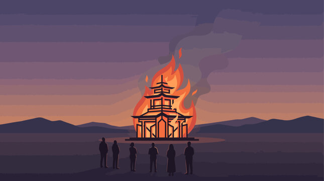 A poignant flat design illustration depicting the solemn 'Temple' effigy burning against a twilight sky, with respectful silhouetted figures observing. 