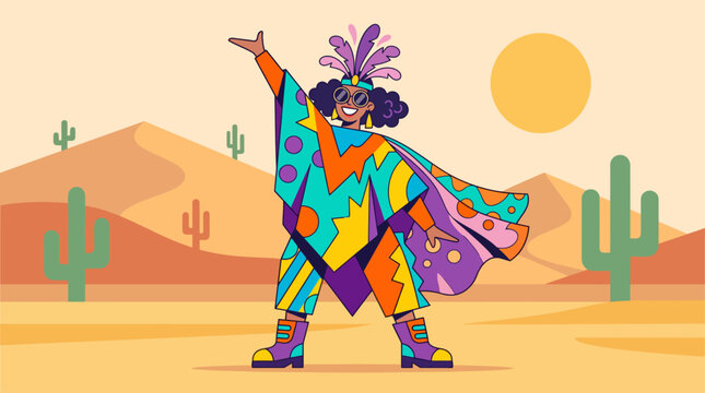 This flat design illustration features a stylized character embodying radical self-expression through a unique and vibrant costume, set against a simple desert background. 