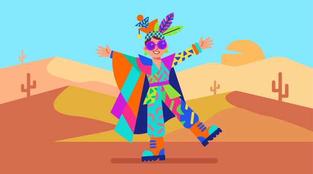 This flat design illustration features a stylized character embodying radical self-expression through a unique and vibrant costume, set against a simple desert background. 