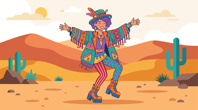 This flat design illustration features a stylized character embodying radical self-expression through a unique and vibrant costume, set against a simple desert background. 