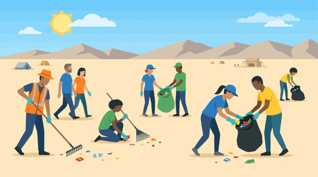 This flat design illustration depicts a group of stylized figures cooperatively cleaning the playa, embodying the 'Leave No Trace' principle with trash bags and rakes.