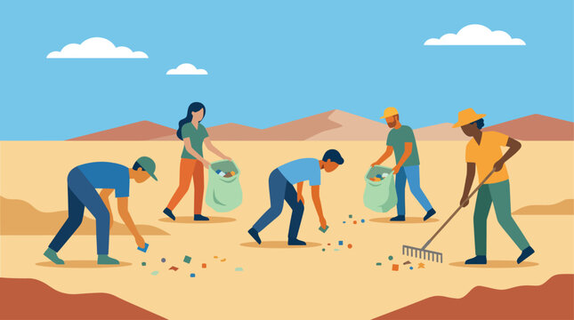 This flat design illustration depicts a group of stylized figures cooperatively cleaning the playa, embodying the 'Leave No Trace' principle with trash bags and rakes.