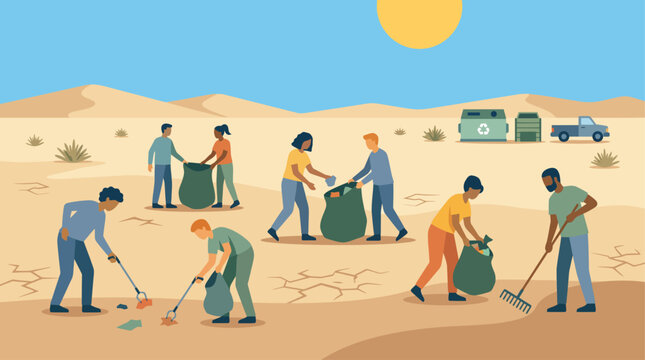 This flat design illustration depicts a group of stylized figures cooperatively cleaning the playa, embodying the 'Leave No Trace' principle with trash bags and rakes.