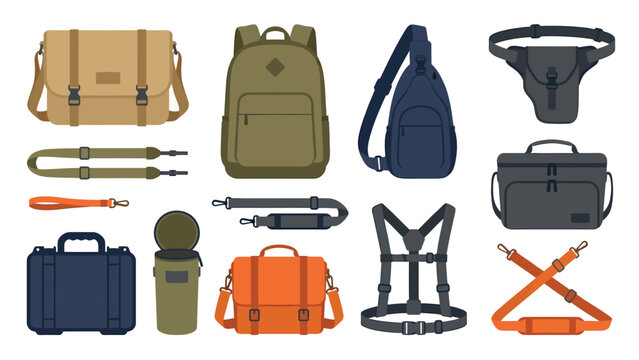 Collection of various bags and accessories including backpacks, shoulder bags, and straps for different purposes, isolated on a white background.