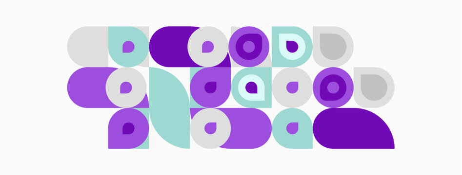 Abstract geometric shapes, purple, green hues. Circles, ovals overlap creating playful composition. Minimalist design, flat vector illustration.