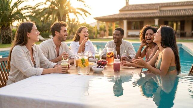 Friends gathered around a poolside enjoying drinks and conversation in warm sunlight