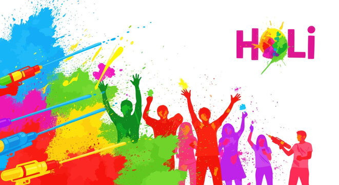 Holi Festival Celebration: People playing with colors and water guns, vibrant splashes