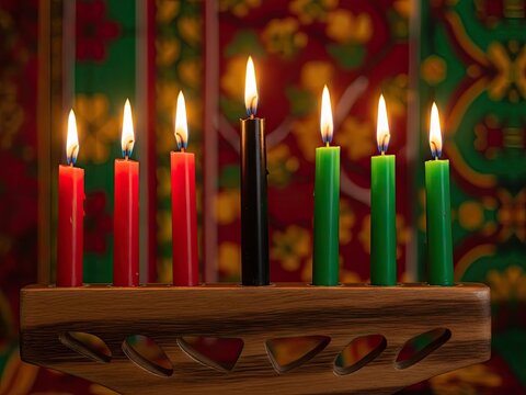 Kwanzaa kinara with seven lit candles