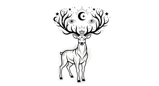 Mystical Deer with Antlers, Eyes, Moon, and Stars - Esoteric Symbolism