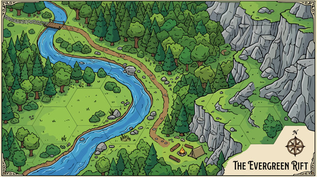 Fantasy world map of The Evergreen Rift, isometric forest landscape with river and cliffs, tabletop RPG game board vector illustration