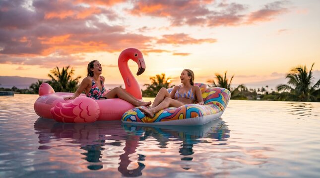 Young women laughing and enjoying summer on inflatable floaties in pool at sunset