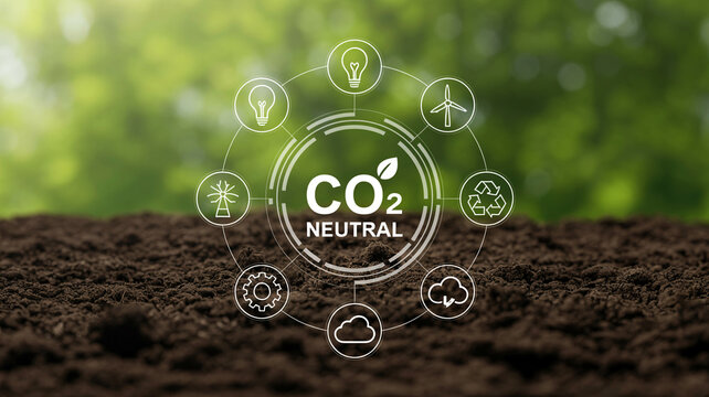 Digital illustration of CO2 neutral concept with a circular graphic of sustainability icons on dark soil, representing environmental responsibility, ecological balance, and a greener future