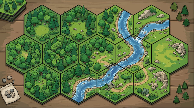 Isometric hexagon map tiles for board game design, fantasy forest and river landscape assets, tabletop gaming world builder vector set