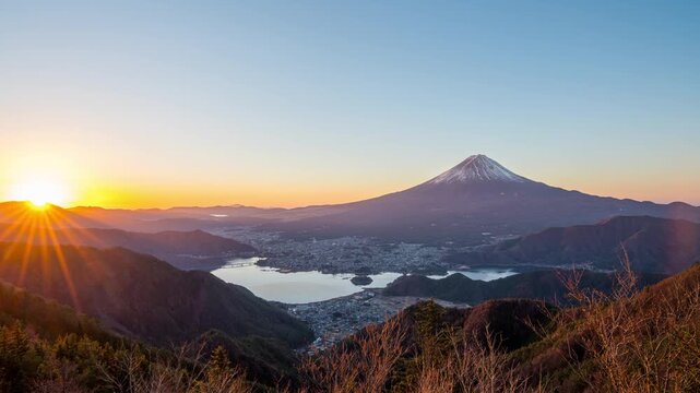 Time lapse of Mount Fuji at sunrise, Japan.