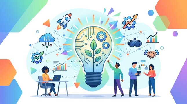 People working on a project with a light bulb and various icons representing technology, innovation, and collaboration.