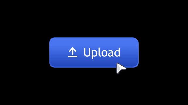 Modern upload button animation with cursor click interaction and glowing UI design. Clean motion graphic for file upload, cloud storage, app interface, website elements, and digital projects.