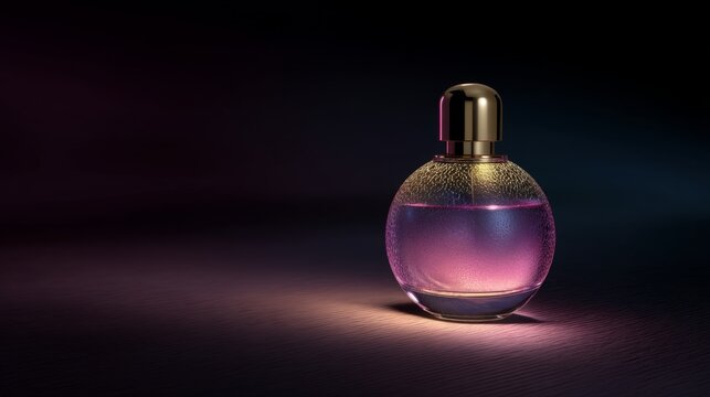 Elegant glass perfume bottle with glossy cap, showcasing soft pink and purple liquid against a dark gradient background for beauty marketing