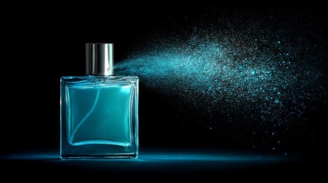 Elegant perfume bottle with turquoise liquid and spray mist on dark background creating vibrant cloud of fragrance particles for product advertisement