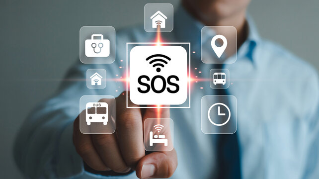 Person touching a SOS button on a digital screen with various icons representing travel and safety services