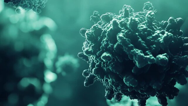 Virus cells with a rough outer surface floating in a microscopic fluid, representing medical research, disease transmission, and global health challenges