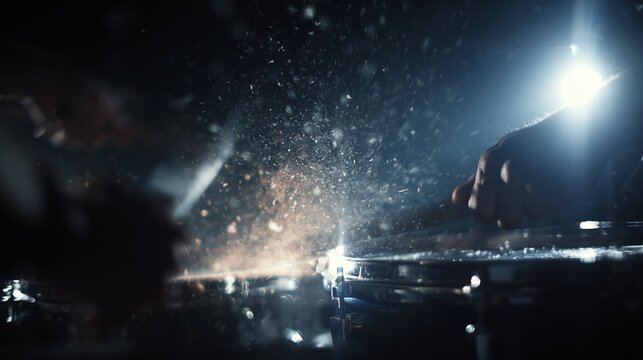 Close-up of DJ hands playing turntable with dramatic spotlight and dust particles flying