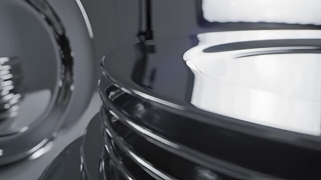 Closeup of a polished black surface with reflections and a white object.