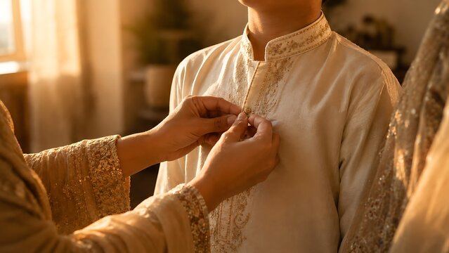 Muslim woman helping man dress in traditional embroidered panjabi kurta for Eid al-Adha celebration