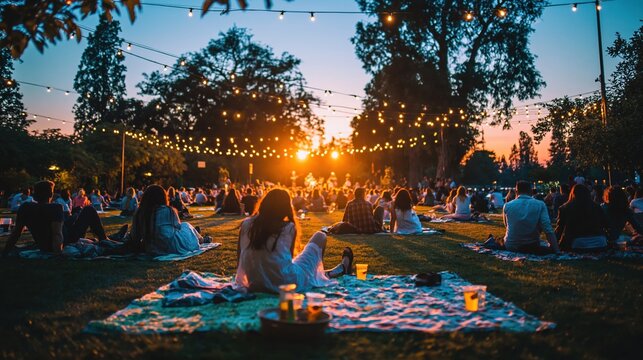 People enjoying an outdoor movie screening event in a park at sunset with string lights