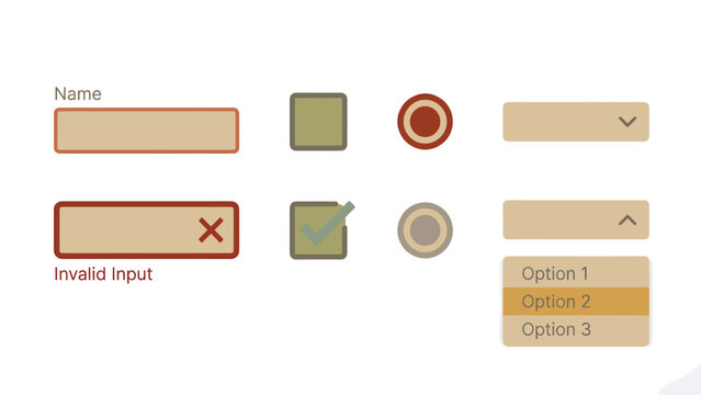User interface design elements for web and mobile applications, including input fields, checkboxes, radio buttons, and dropdown menus with various states.