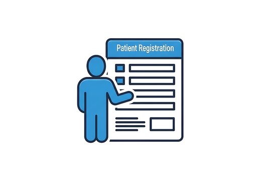 Patient registration form icon with a person character for clinical intake and data entry