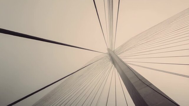 Modern concrete bridge pylon with radiating steel suspension cables forming bold geometric lines and patterns against a pale sky, minimal industrial architectural detail