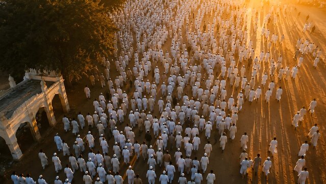 Thousands of Muslim Hajj pilgrims in white ihram robes walking across plains during Eid al-Adha