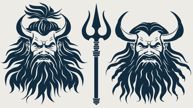 Illustration featuring two horned figures with long beards and a trident in the center, on a light background