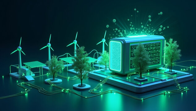 Green energy smart grid powering a sustainable future city concept with renewable technology and advanced storage solutions