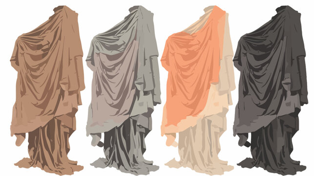 Four statues draped in cloth, each in a different color. A minimalist artwork with a clean background