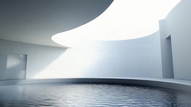 Serene minimalist interior features contemporary white walls and a calm pool of rippling water, illuminated by a natural light source from an overhead skylight