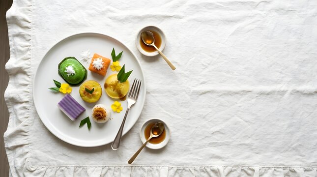 Top view traditional cakes market snacks arranged in a modern aesthetic on a white plate