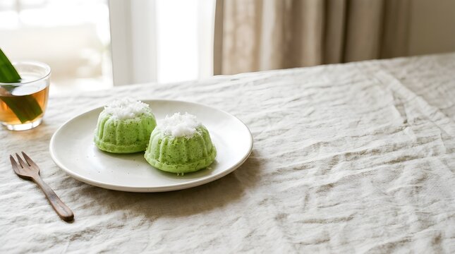 Putu Ayu traditional Indonesian steamed pandan cake with grated coconut topping on white plate
