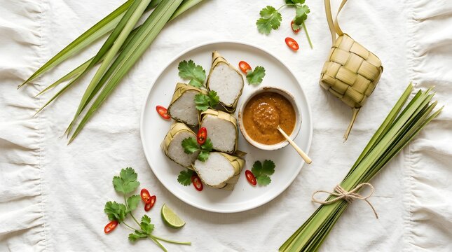 Sliced ​​Ketupat or Rice Cake with Peanut Sauce and Young Coconut Leaves Flat Lay Top View