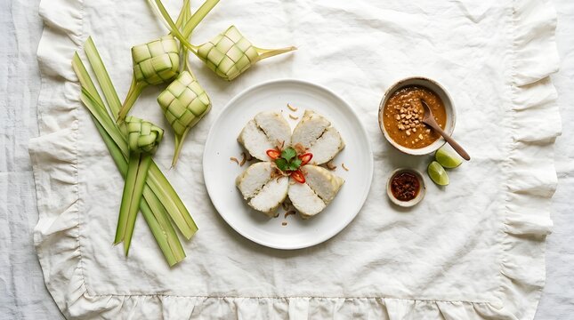 Ketupat, a traditional Indonesian dish served with peanut sauce and chili sauce on a white linen cloth for Eid al-Fitr and Eid al-Adha celebrations