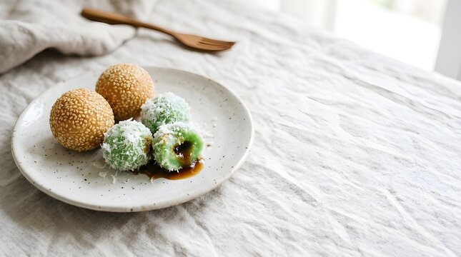Close up of javanese sweet dessert klepon coconut flakes and onde onde on white tablecloth minimalist