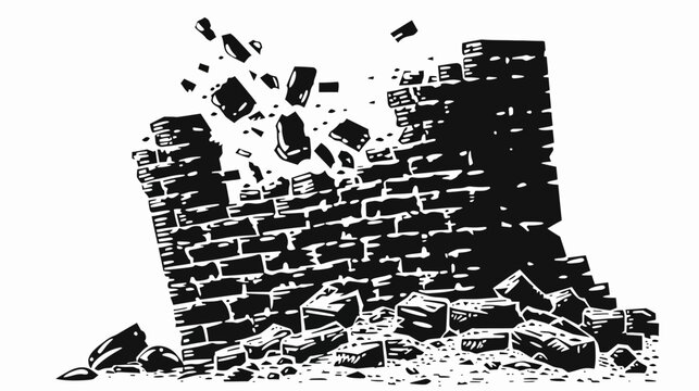 A monochrome illustration of a brick wall in the process of demolition, with falling debris