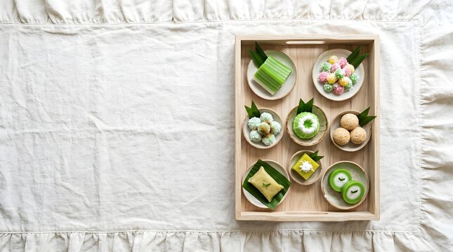 Assorted Indonesian Sweet Snacks Klepon Onde Onde Kue Lapis Flat Lay