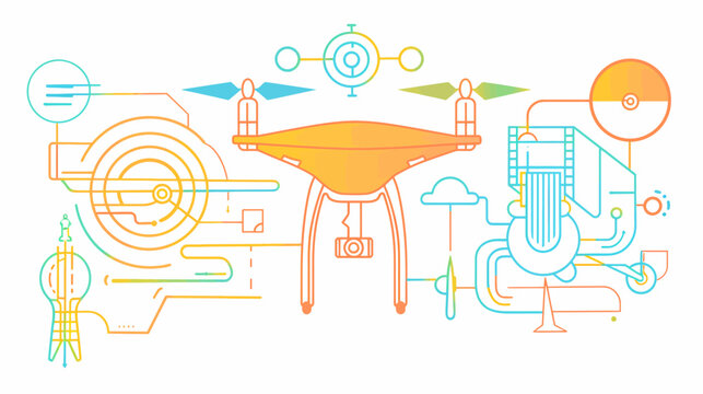 An abstract, colorful line art illustration featuring a drone and technical components