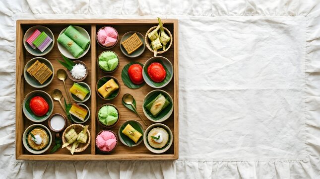 Indonesian Traditional Cake Assortment or Jajanan Pasar on Wooden Tray for Ramadan and Eid Mubarak Celebration Concept