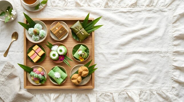Top View of a Collection of Traditional Indonesian Wet Cakes: Klepon Layered Dadar Gulung Putu Ayu Pandan