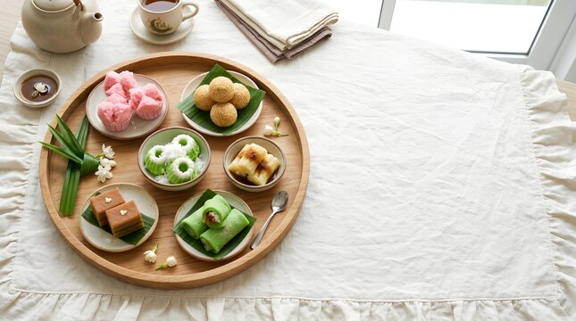 Indonesian Dessert Table with Festive Wet Cakes and Pandan Leaves Decoration with Copy Space